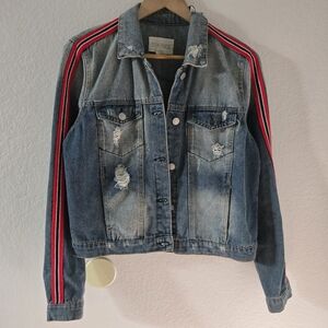 Blue Denim Distressed Jacket with Red Stripes